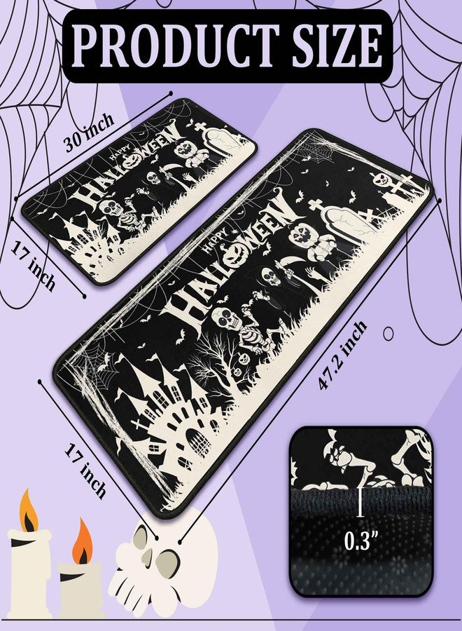 kukli kitchen Happy Halloweeen Kitchen Rugs and Mats Set of 2, Skull Pumpkin Kitchen Mat, Castle Bat Halloween Farmhouse Party Floor Mat for Home Kitchen Decorations 17" x47"+17"x30" - Image 2