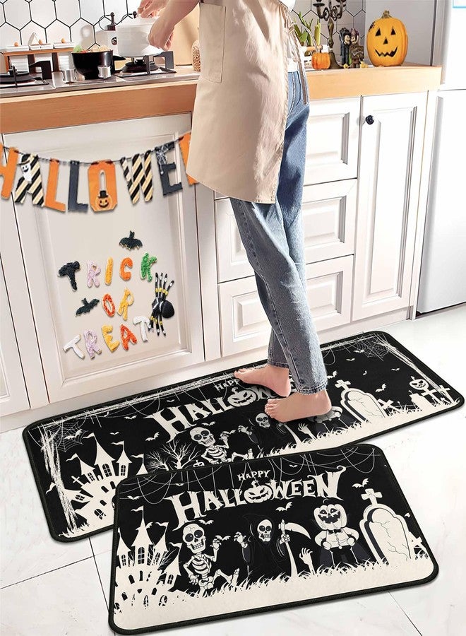 kukli kitchen Happy Halloweeen Kitchen Rugs and Mats Set of 2, Skull Pumpkin Kitchen Mat, Castle Bat Halloween Farmhouse Party Floor Mat for Home Kitchen Decorations 17" x47"+17"x30" - Image 1