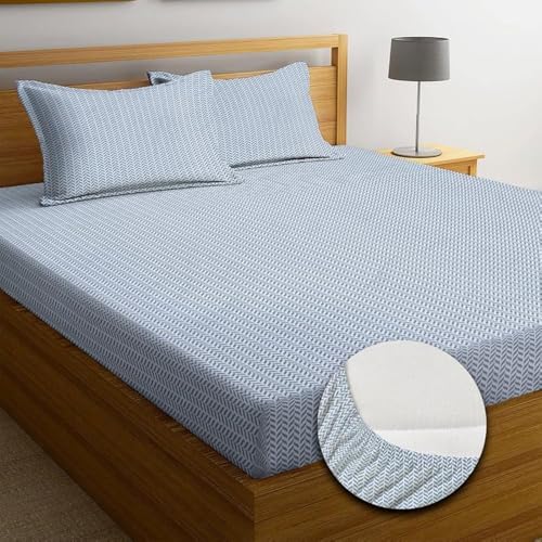 NEW LEAF Premium Cotton 210tc Elastic Fitted Bedsheets with 2 Pillow Covers | Double/King Bed with All Around Elastic Wrinklefree Supersoft Breathable |Size-78 x72+8 inches |Texture, Sky Blue - Image 1