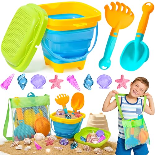 DUDUCOFU Collapsible Beach Sand Toys for Kids Toddlers Collapsible Sand Buckets Sifter and Shovels Rake Diving Gem Pool Toy Set with Mesh Bag Travel Beach Vacation Essentials Toys for Boys Girls - Image 1