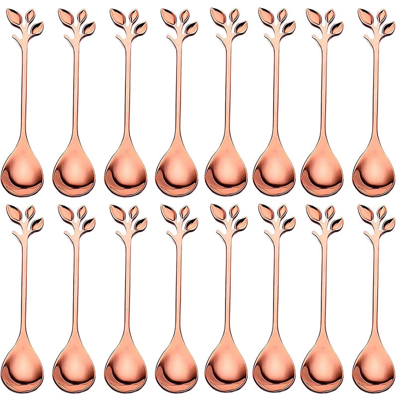 Comicfs 16 Pcs 47 Stainless Steel Rose Gold Leaf Coffee SpoonCreative Tableware Dessert Spoons Stirring Mixing Sugar Stir Ice Cream Cake Teaspoon Set 16 Spoons Rose Gold