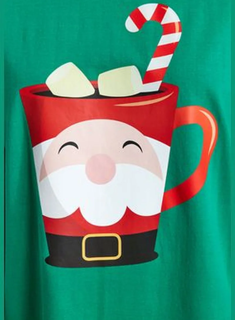 trendyol Green 100% Cotton Christmas Theme Tshirt-Pants and Knitted Pajamas Set THMAW24PT00059