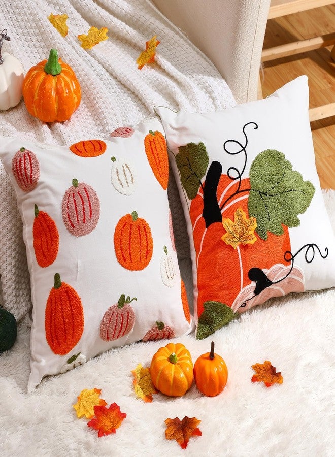 Funnymoom Fall Pumpkin Throw Pillow Covers 18 x 18 inch Set of 2 Pumpkin Embroidered Pillow Cases Thanksgiving Decorative Covers Autumn Harvest Cushion for Party Couch Sofa Home - Image 2