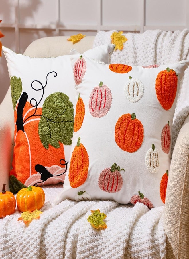 Funnymoom Fall Pumpkin Throw Pillow Covers 18 x 18 inch Set of 2 Pumpkin Embroidered Pillow Cases Thanksgiving Decorative Covers Autumn Harvest Cushion for Party Couch Sofa Home - Image 1