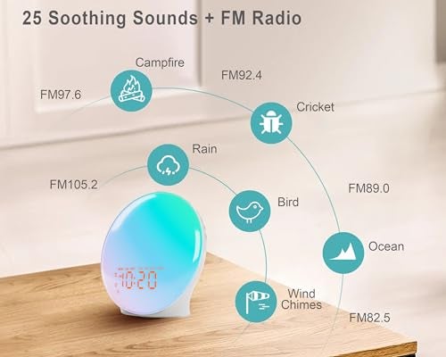 Jall Wake Up Light Sunrise Alarm Clock for Bedroom, 17 Nightlights, Sound Machine with 5W Bluetooth Speaker, 25 Soothing Sounds, SleepTimer, Dual Alarms, FM Radio, Ideal Gift for Baby, Kids, Adults, Senior - Image 3