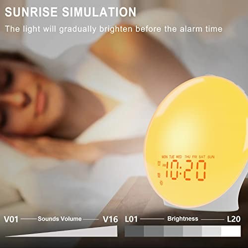 Jall Wake Up Light Sunrise Alarm Clock for Bedroom, 17 Nightlights, Sound Machine with 5W Bluetooth Speaker, 25 Soothing Sounds, SleepTimer, Dual Alarms, FM Radio, Ideal Gift for Baby, Kids, Adults, Senior - Image 2