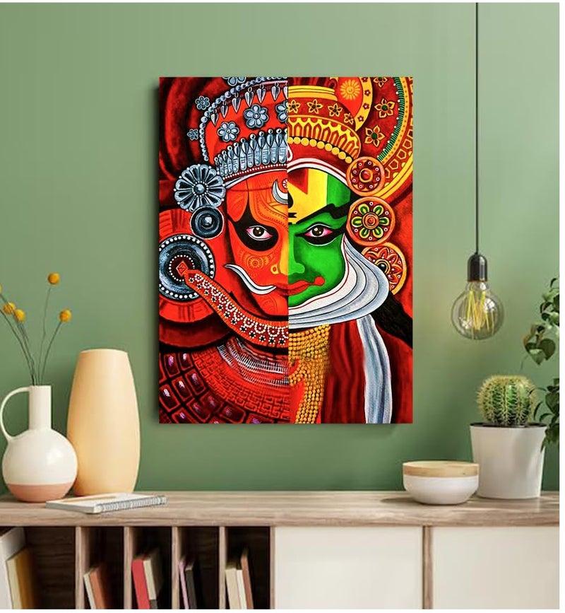 Sikhash Traditonal Art Canvas Paintings, Face of Faith Kathakali, Indian Art, Home Décor, Wall Painting for Living Room, Bedroom, Office, Unframed Paintings, Multicolor Fabric, 12X9 inches. a101 - Image 1