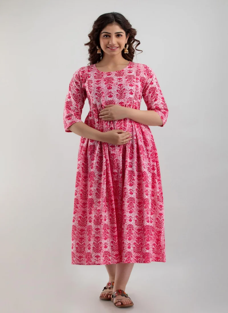 ZERESOUQ Pink Cotton Maternity Baby Feeding Dress
