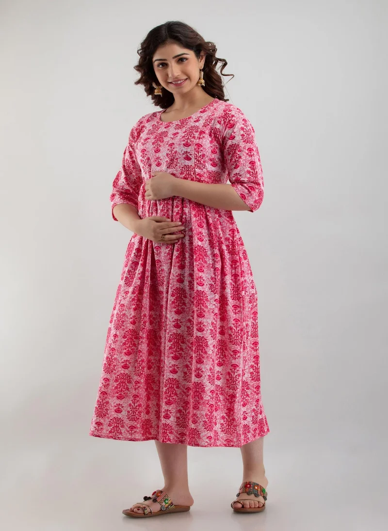 ZERESOUQ Pink Cotton Maternity Baby Feeding Dress