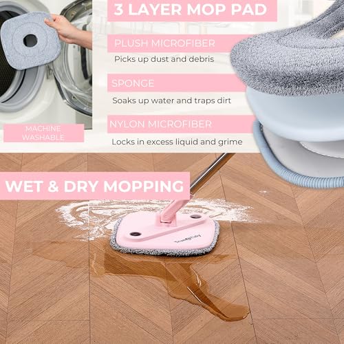 True & Tidy® True Clean Mop and Bucket System, Includes Square Spin, Dual Compartment Mop Bucket and 2 Thick Machine Washable Pads New Upgraded with Side Brush & Self Standing Handle, Rose - Image 5