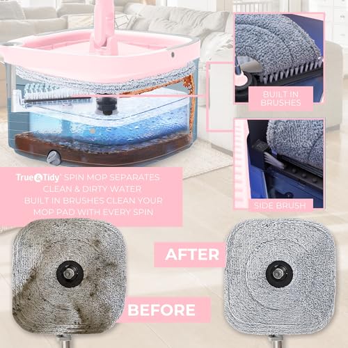 True & Tidy® True Clean Mop and Bucket System, Includes Square Spin, Dual Compartment Mop Bucket and 2 Thick Machine Washable Pads New Upgraded with Side Brush & Self Standing Handle, Rose - Image 2