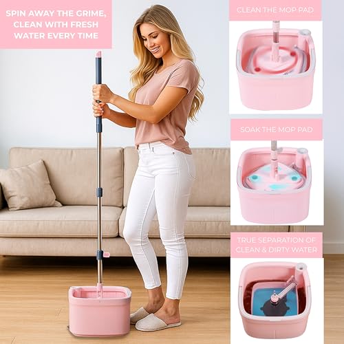 True & Tidy® True Clean Mop and Bucket System, Includes Square Spin, Dual Compartment Mop Bucket and 2 Thick Machine Washable Pads New Upgraded with Side Brush & Self Standing Handle, Rose - Image 3