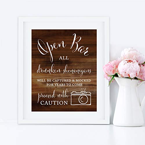 Andaz Press Wedding Party Signs, Rustic Wood Print, 8.5x11-inch, Open Bar All Drunken Shenanigans Will be Captured and Mocked for Years to Come Proceed with Caution Sign, 1-Pack - Image 5