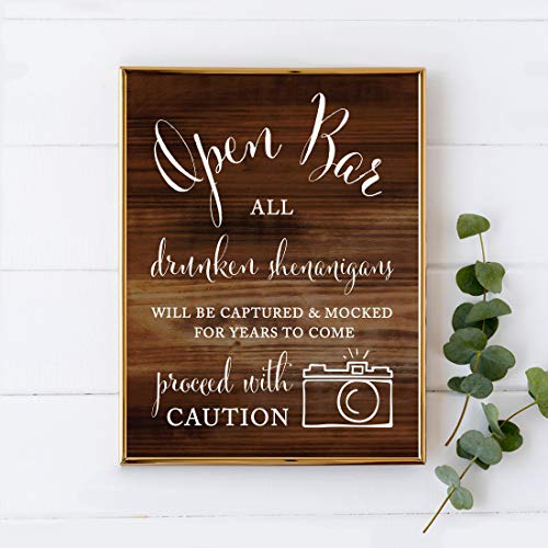 Andaz Press Wedding Party Signs, Rustic Wood Print, 8.5x11-inch, Open Bar All Drunken Shenanigans Will be Captured and Mocked for Years to Come Proceed with Caution Sign, 1-Pack - Image 2