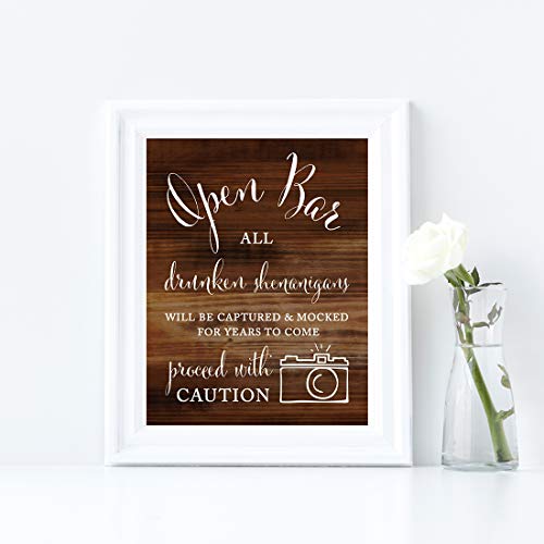 Andaz Press Wedding Party Signs, Rustic Wood Print, 8.5x11-inch, Open Bar All Drunken Shenanigans Will be Captured and Mocked for Years to Come Proceed with Caution Sign, 1-Pack - Image 4