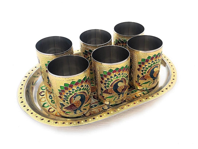Dhavl Stain Less Steel Handicrafts Glass Indian Hand Made Meenakari Work Peacock Design Golden Color Diwali Christmas Tumbler Gift Set Item Golden Glass with Tray Set of 6 - Image 4