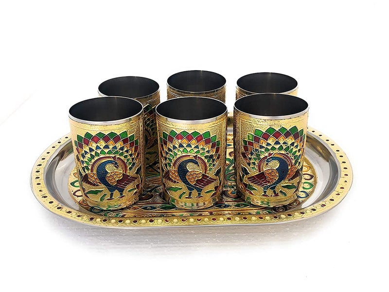 Dhavl Stain Less Steel Handicrafts Glass Indian Hand Made Meenakari Work Peacock Design Golden Color Diwali Christmas Tumbler Gift Set Item Golden Glass with Tray Set of 6 - Image 1