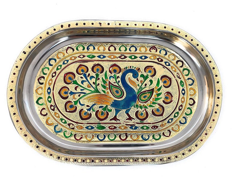 Dhavl Stain Less Steel Handicrafts Glass Indian Hand Made Meenakari Work Peacock Design Golden Color Diwali Christmas Tumbler Gift Set Item Golden Glass with Tray Set of 6 - Image 2