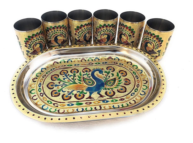 Dhavl Stain Less Steel Handicrafts Glass Indian Hand Made Meenakari Work Peacock Design Golden Color Diwali Christmas Tumbler Gift Set Item Golden Glass with Tray Set of 6 - Image 5