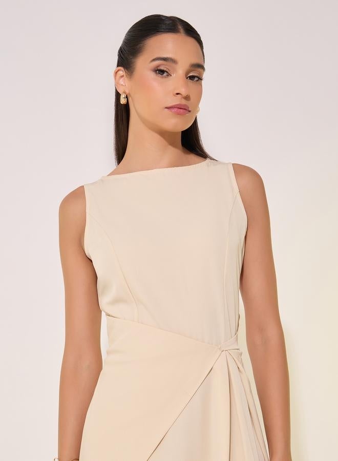 Styli Solid Boat Neck Sleeveless Wrap Midi Dress - Image 4