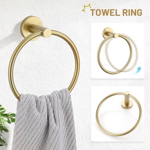 TURS Brushed Gold 5 Piece Bathroom Hardware Set, SUS304 Stainless Steel Bath Towel Bar Set, 23.6 Inch Round Bathroom Accessories Kit Wall Mounted - Image 4
