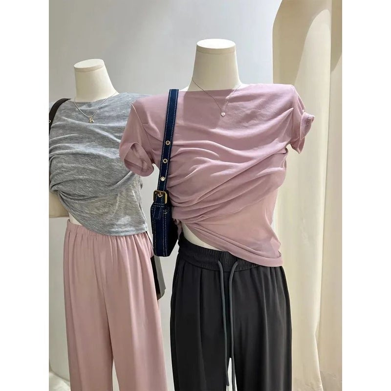 Modal Pure Desire Style Grey T-Shirt Women'S Summer Thin Design Pleated Irregular Short Slim-Fit Short-Sleeved Top - Image 3