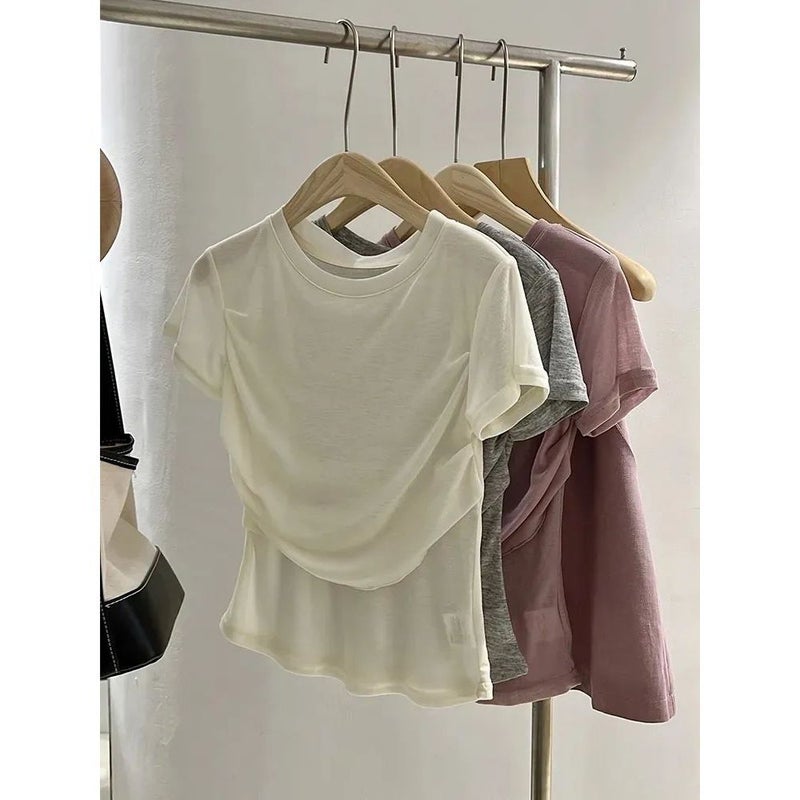 Modal Pure Desire Style Grey T-Shirt Women'S Summer Thin Design Pleated Irregular Short Slim-Fit Short-Sleeved Top - Image 5