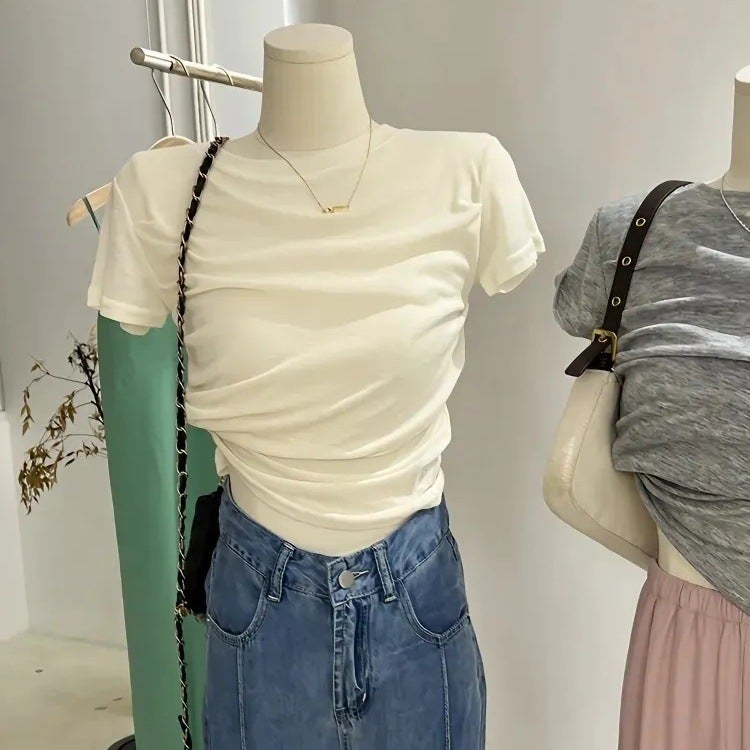Modal Pure Desire Style Grey T-Shirt Women'S Summer Thin Design Pleated Irregular Short Slim-Fit Short-Sleeved Top - Image 1