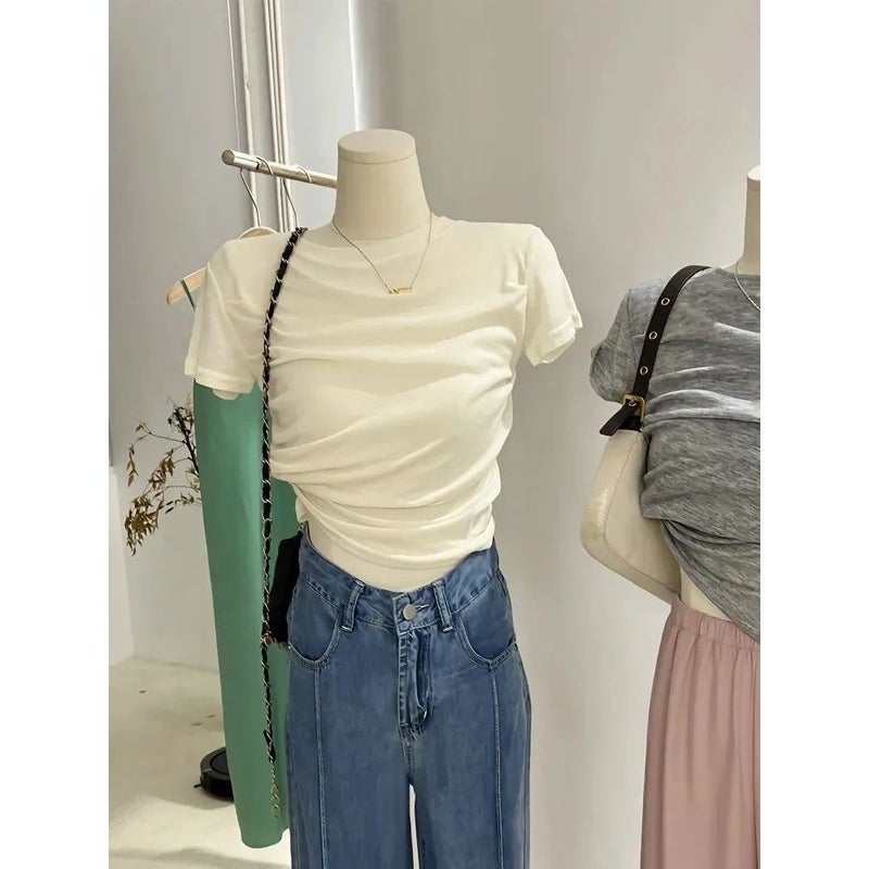 Modal Pure Desire Style Grey T-Shirt Women'S Summer Thin Design Pleated Irregular Short Slim-Fit Short-Sleeved Top - Image 4