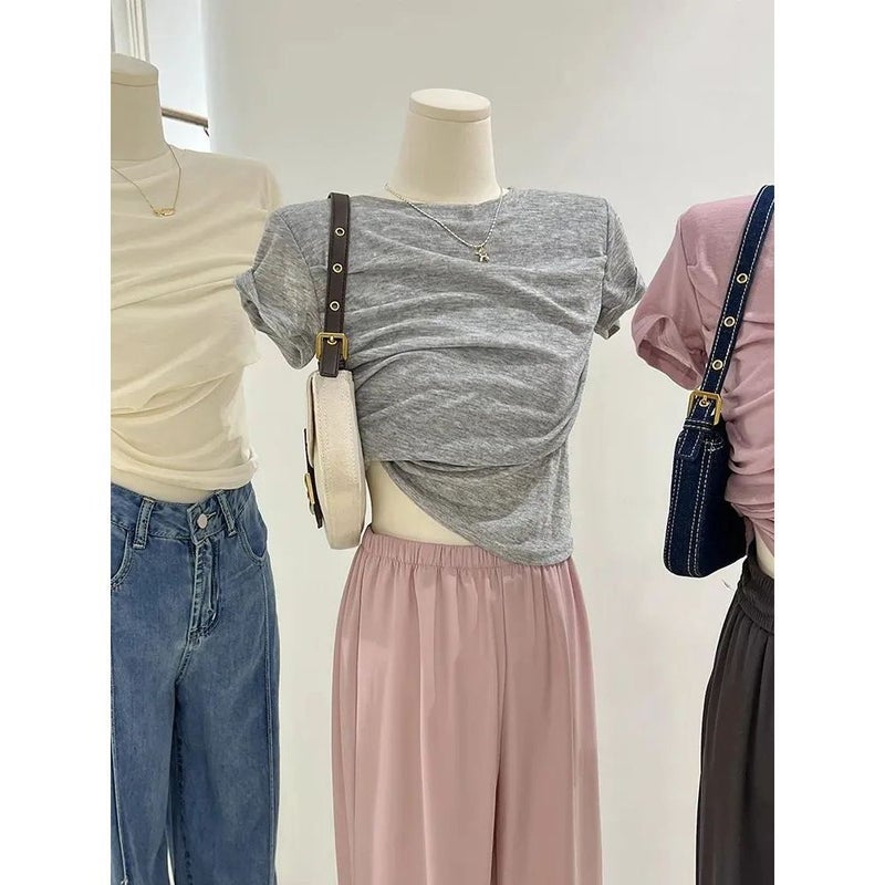 Modal Pure Desire Style Grey T-Shirt Women'S Summer Thin Design Pleated Irregular Short Slim-Fit Short-Sleeved Top - Image 2