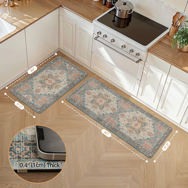 GENIMO Kitchen Mats for Floor 2PCs, Washable Anti Fatigue Mat for Cushioned, 17.3"x47"+17.3"x30", Waterproof Kitchen Rugs, Non Slip Comfort Standing Mat Rug for Home, Sink, Laundry, Blue&Salmon - Image 2