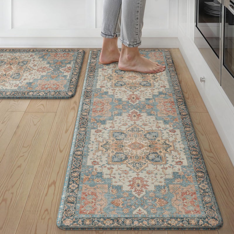 GENIMO Kitchen Mats for Floor 2PCs, Washable Anti Fatigue Mat for Cushioned, 17.3"x47"+17.3"x30", Waterproof Kitchen Rugs, Non Slip Comfort Standing Mat Rug for Home, Sink, Laundry, Blue&Salmon - Image 1