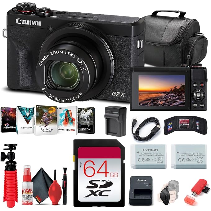 Canon PowerShot G7 X Mark III Digital Camera with Charger (Black) Bundle | For Photography & Video + 64GB Memory Card + Tripod + Card Reader + Photo Software + Battery (3637C001) + More - Image 1