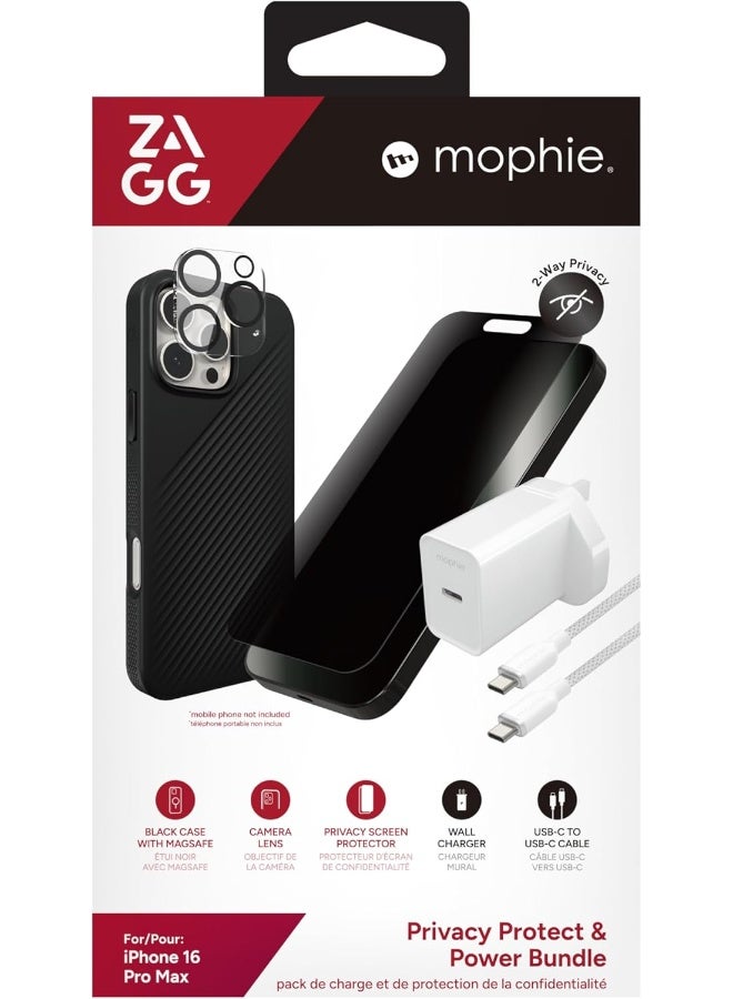 ZAGG Privacy Protect & Power Bundle Luxe Snap Case, Glass Elite 2-way privacy Screen & Camera Lens Protector, 20W USB-C PD Wall Charger, Cable (16 pro max) Black - Image 2