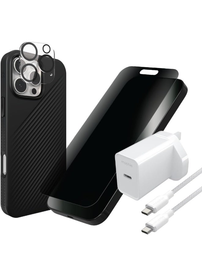 ZAGG Privacy Protect & Power Bundle Luxe Snap Case, Glass Elite 2-way privacy Screen & Camera Lens Protector, 20W USB-C PD Wall Charger, Cable (16 pro max) Black - Image 1