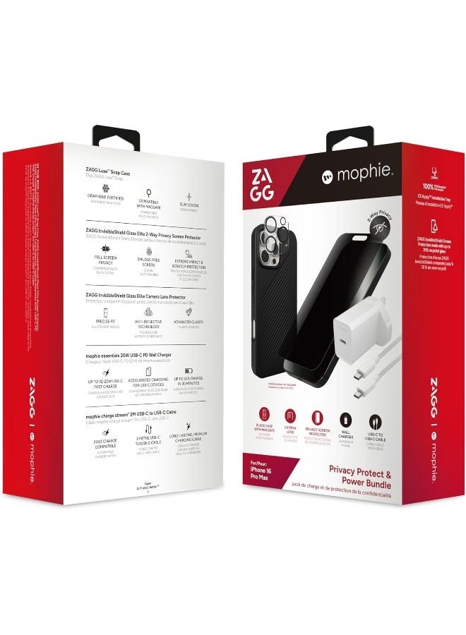 ZAGG Privacy Protect & Power Bundle Luxe Snap Case, Glass Elite 2-way privacy Screen & Camera Lens Protector, 20W USB-C PD Wall Charger, Cable (16 pro max) Black - Image 3