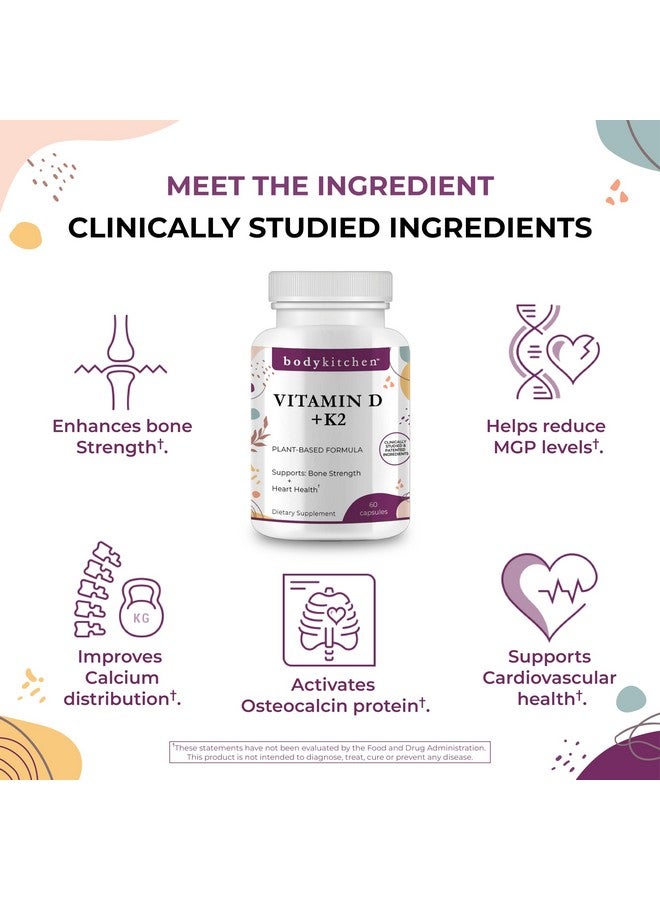 Body Kitchen Body Kitchen Vegan Plant-Based Vitamin D3 + K2 (MK7) Supplement, Bone and Heart Health, Non-GMO, 5000 IU Vitamin D & 180 mcg Vitamin K2 MK-7, Easy to Swallow Veggie Caps, 60 Count - Image 3