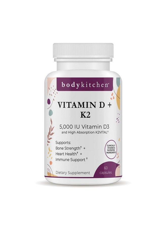 Body Kitchen Body Kitchen Vegan Plant-Based Vitamin D3 + K2 (MK7) Supplement, Bone and Heart Health, Non-GMO, 5000 IU Vitamin D & 180 mcg Vitamin K2 MK-7, Easy to Swallow Veggie Caps, 60 Count - Image 1
