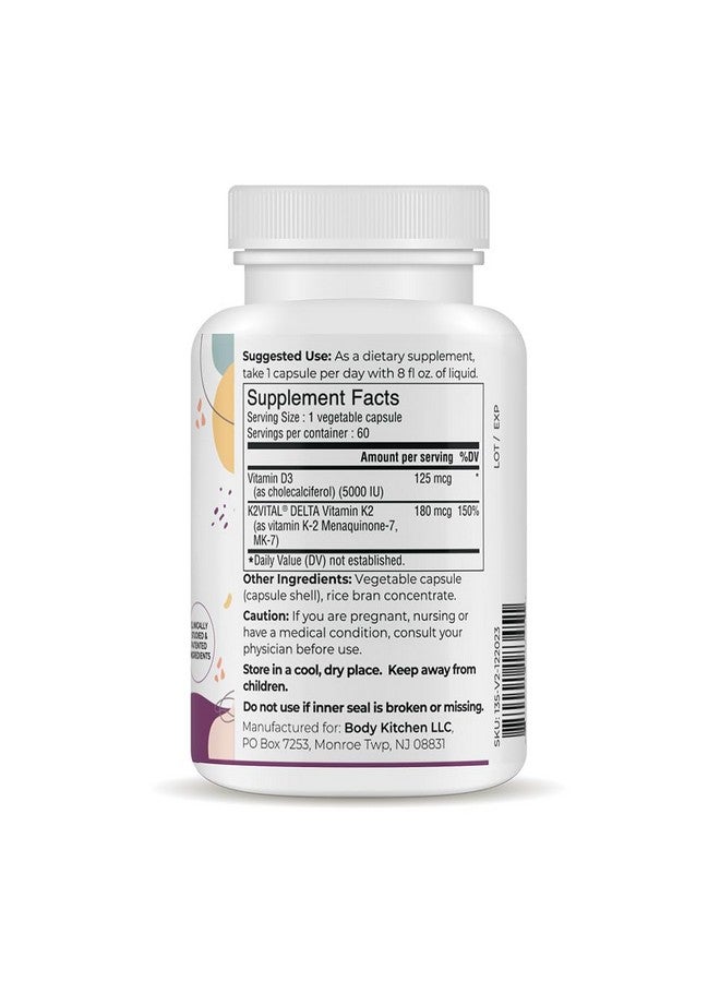 Body Kitchen Body Kitchen Vegan Plant-Based Vitamin D3 + K2 (MK7) Supplement, Bone and Heart Health, Non-GMO, 5000 IU Vitamin D & 180 mcg Vitamin K2 MK-7, Easy to Swallow Veggie Caps, 60 Count - Image 2