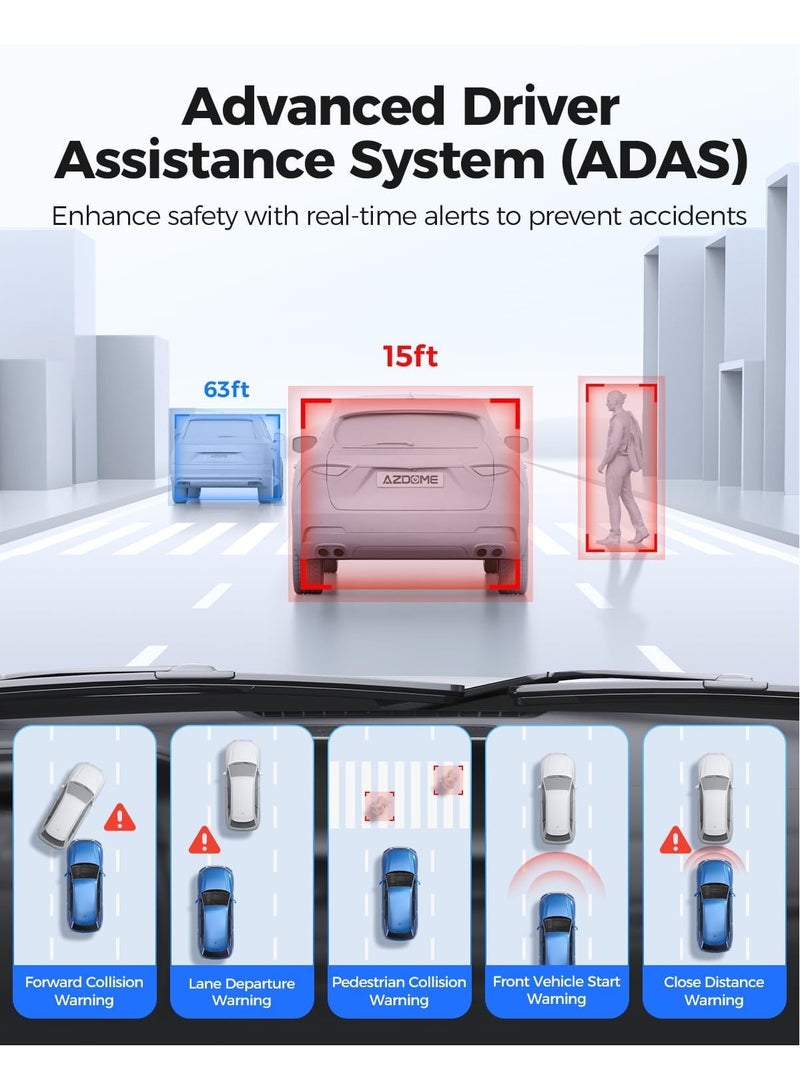أزدوم كاميرا لوحة القيادة PG17 Max 4K + 2.5K مزودة بمرآة مع طقم أسلاك صلبة وبطاقة 64 جيجابايت، وكاميرا مرآة الرؤية الخلفية مقاس 12 بوصة مع نظام تحديد المواقع العالمي (GPS) وADAS وBSD وLCA وواي فاي والتحكم الصوتي، وكاميرا احتياطية - Image 3