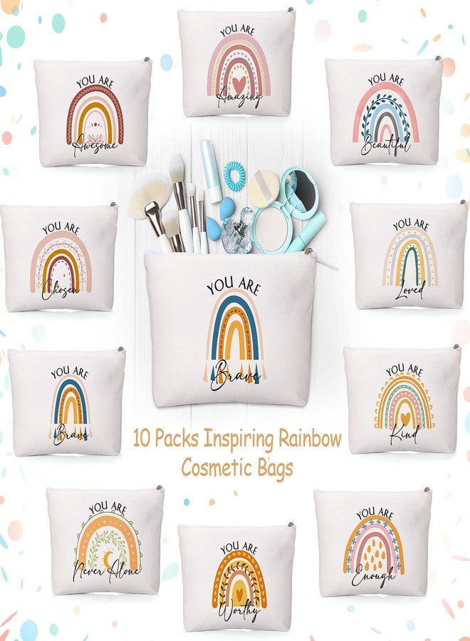 Coume 10 Pcs Rainbow Canvas Makeup Bags Bulk Inspirational Quotes Cosmetic Zipper Personalized Encouragement Travel Pouch Toiletry Bag for Women Girls Teacher Friend Birthday - Image 4