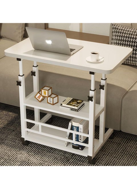 Home Office Desk Height Adjustable Laptop Table with Shelf Portable Small Computer Desk with Rolling Wheel Modern Side Table for Work Study Reading Study Table (White 80 * 40 * 60-90cm)