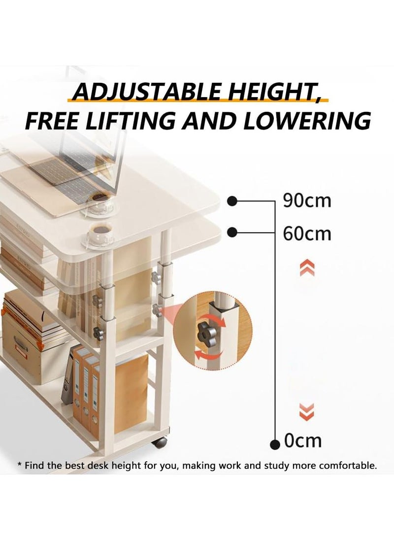 Generic - Home Office Desk Height Adjustable Laptop Table with Shelf Portable Small Computer Desk with Rolling Wheel Modern Side Table for Work Study Reading Study Table (White 80 * 40 * 60-90cm) - Image 1
