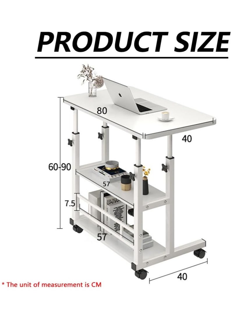 Generic - Home Office Desk Height Adjustable Laptop Table with Shelf Portable Small Computer Desk with Rolling Wheel Modern Side Table for Work Study Reading Study Table (White 80 * 40 * 60-90cm) - Image 1