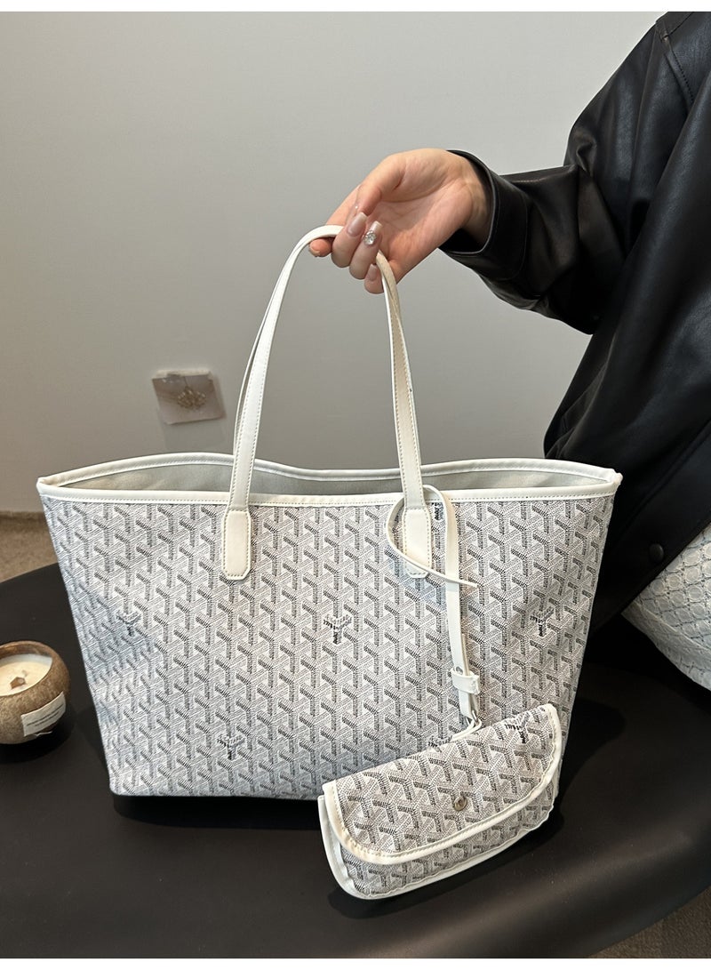 Classic Dog Tooth Large Tote Bag for Women Off-White Shoulder Bag Top Handle Handbag with Detachable Small Pouch - Image 5