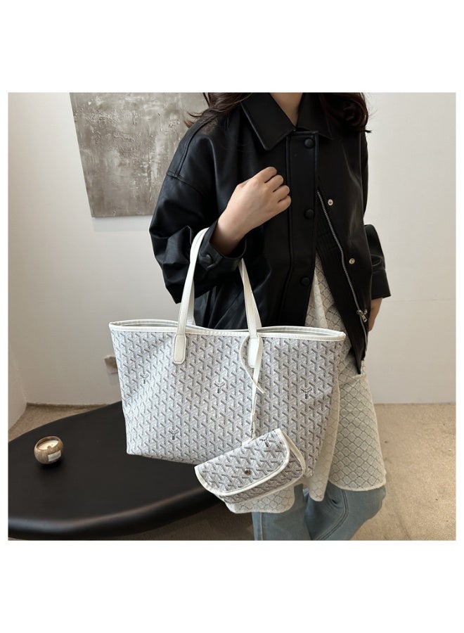 Classic Dog Tooth Large Tote Bag for Women Off-White Shoulder Bag Top Handle Handbag with Detachable Small Pouch - Image 3