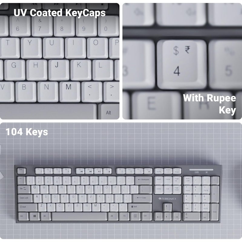 ZEBRONICS Wireless Keyboard & Mouse Combo, 104 UV-Printed Keys, ₹ Key, 12 Multimedia Keys, Retractable Stand, 4 Button Mouse, 1600 DPI, High Precision, USB Nano Receiver (Companion 304, Grey) - Image 3