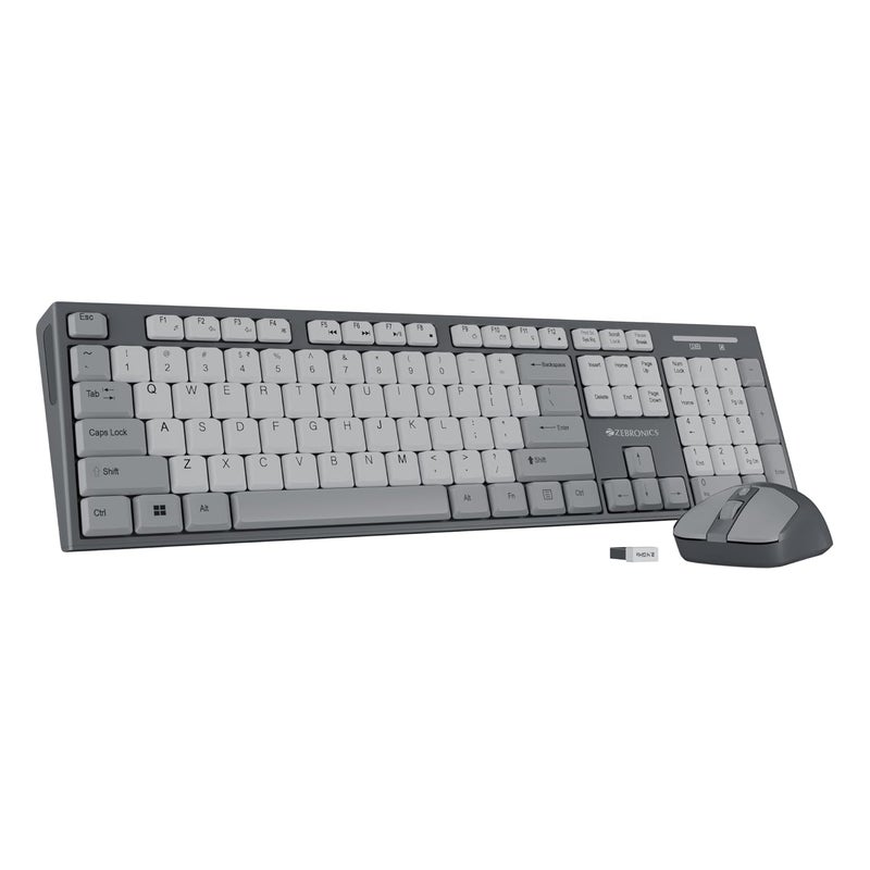 ZEBRONICS Wireless Keyboard & Mouse Combo, 104 UV-Printed Keys, ₹ Key, 12 Multimedia Keys, Retractable Stand, 4 Button Mouse, 1600 DPI, High Precision, USB Nano Receiver (Companion 304, Grey) - Image 1