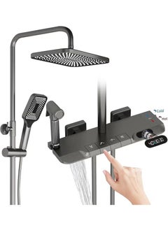 XiuWoo Shower System Thermostatic 4-Function LED Digital Display Piano Key Wall-Mounted Shower Set with 12-Inch Overhead Shower Hand Showers Waterfall Tub Faucets and Bidet Sprayers Dark Grey  - Image 1