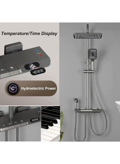 XiuWoo Shower System Thermostatic 4-Function LED Digital Display Piano Key Wall-Mounted Shower Set with 12-Inch Overhead Shower Hand Showers Waterfall Tub Faucets and Bidet Sprayers Dark Grey  - Image 4